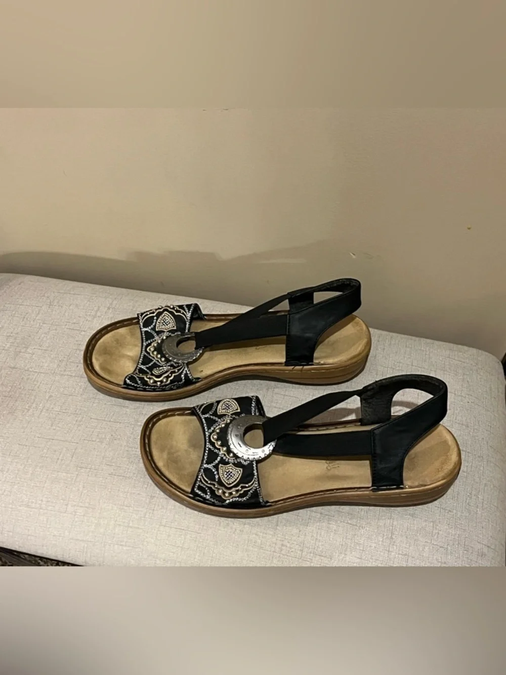 Rieker Regina B9 Black Embroidered Boho Slingback Sandals Silver Medallion, 42